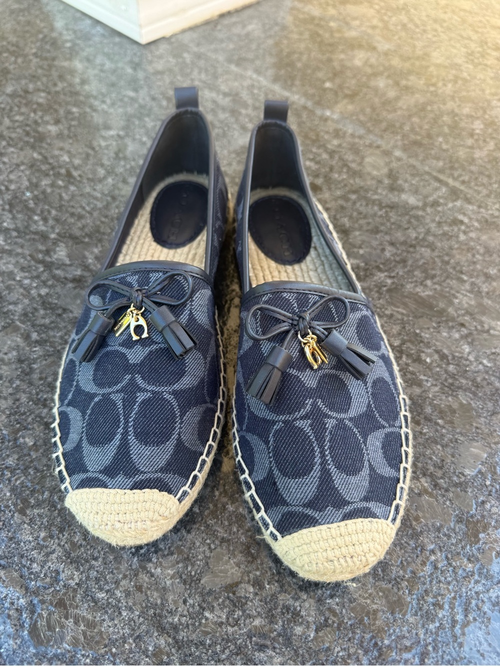 Coach Navy Signature Canvas Espadrille Flats with Gold Charm